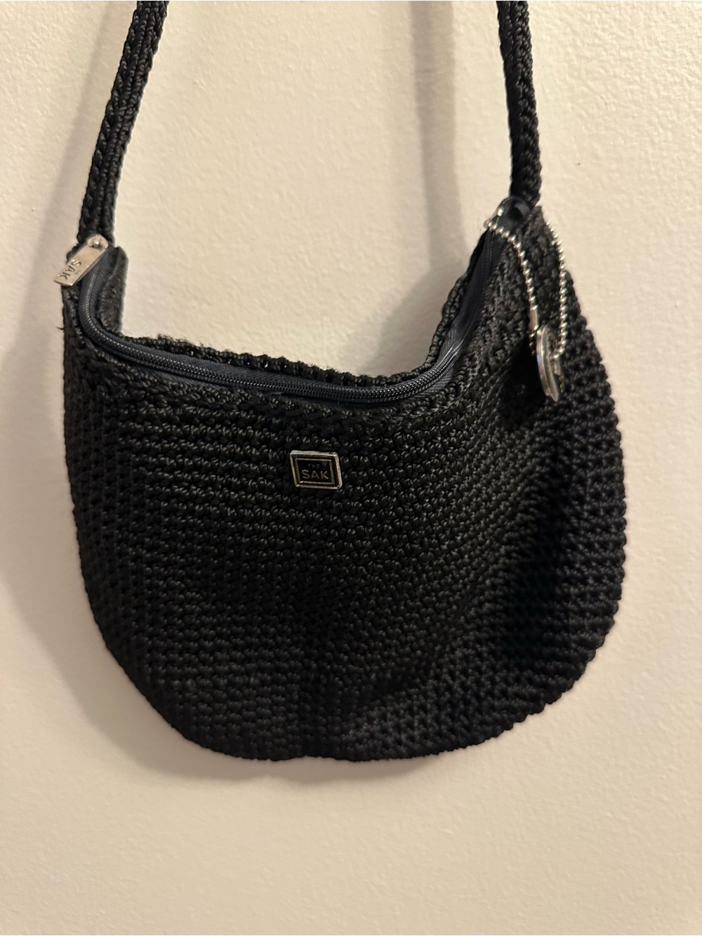 #852 The Sak Black Crochet Shoulder Bag with Zip Closure